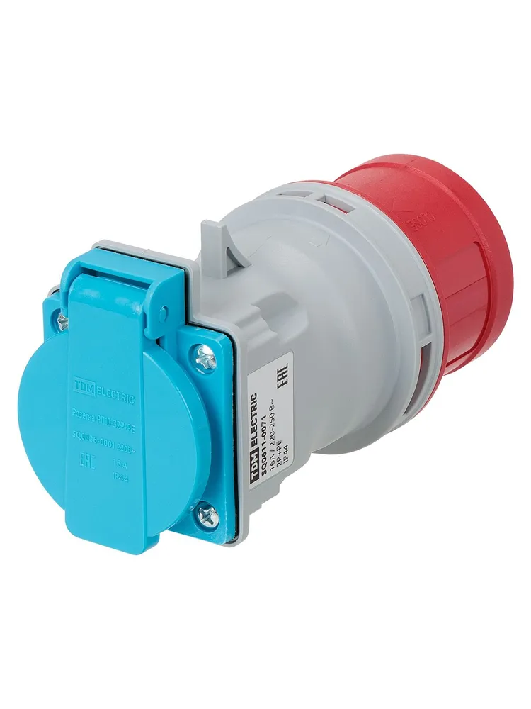 Адаптер TDM ELECTRIC IP44 16A с 3Р+PЕ+N 380В на 2Р+PЕ 220В SQ0611-0071-3