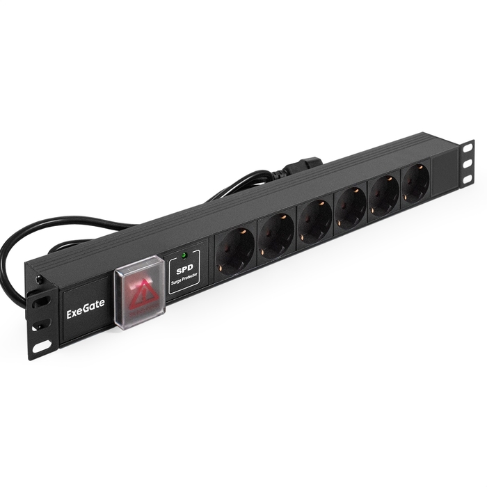 Блок розеток ExeGate ServerPro PDU-19H609 Al-6S-C14-2CU-SPD1 19 1U алюминий 6Schuko кабель с C14 2м SPD1. 280834-1
