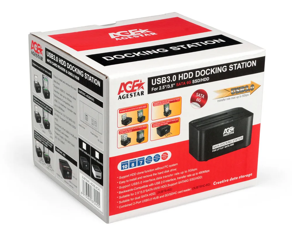 Докстанция USB 3.0 2,5/3,5 HDD/SSD SATA AgeStar 3UBT6-6G (BLACK), UASP, Clone, пластик, черный-4