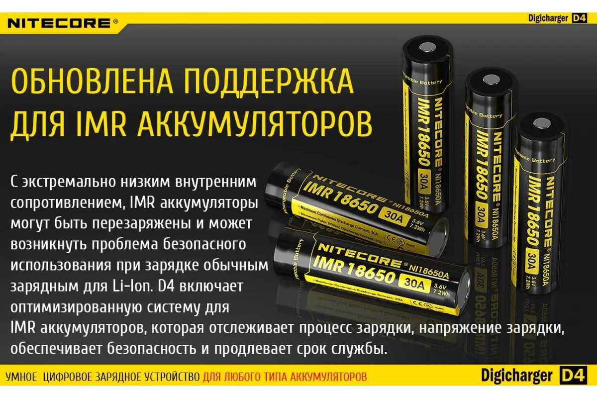 Зарядное устройство для Цилиндрических АКБ Nitecore D4 + КАБЕЛЬ С7-12