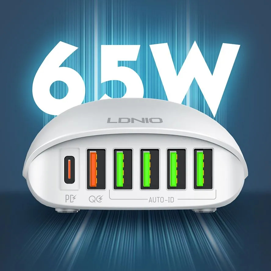 Зарядное Устройство USB Ldnio A6573C 5 порт. Type-A /1 порт Type-С/65Вт-1