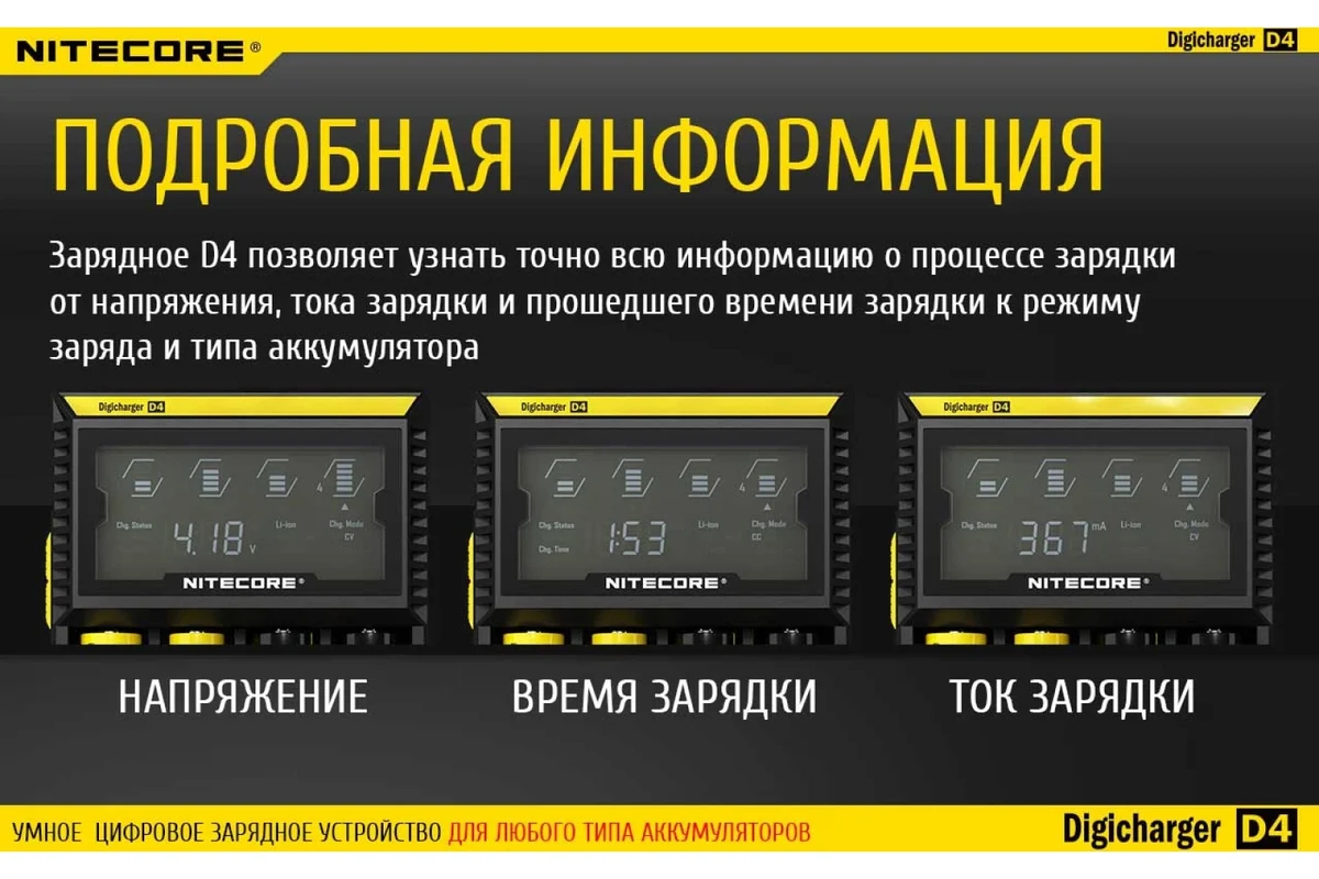 Зарядное устройство для Цилиндрических АКБ Nitecore D4 + КАБЕЛЬ С7-9