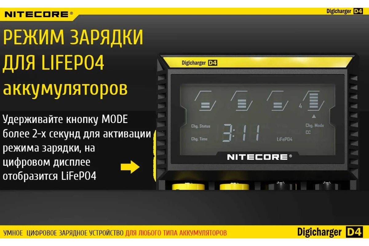 Зарядное устройство для Цилиндрических АКБ Nitecore D4 + КАБЕЛЬ С7-5